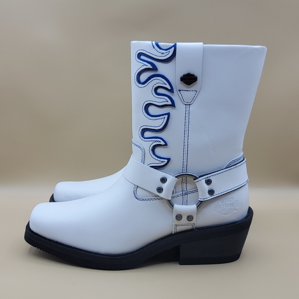Harley Davidson Korsen 8 Inch Women’s Motorcycle Boots Size 9 White Blue Flame